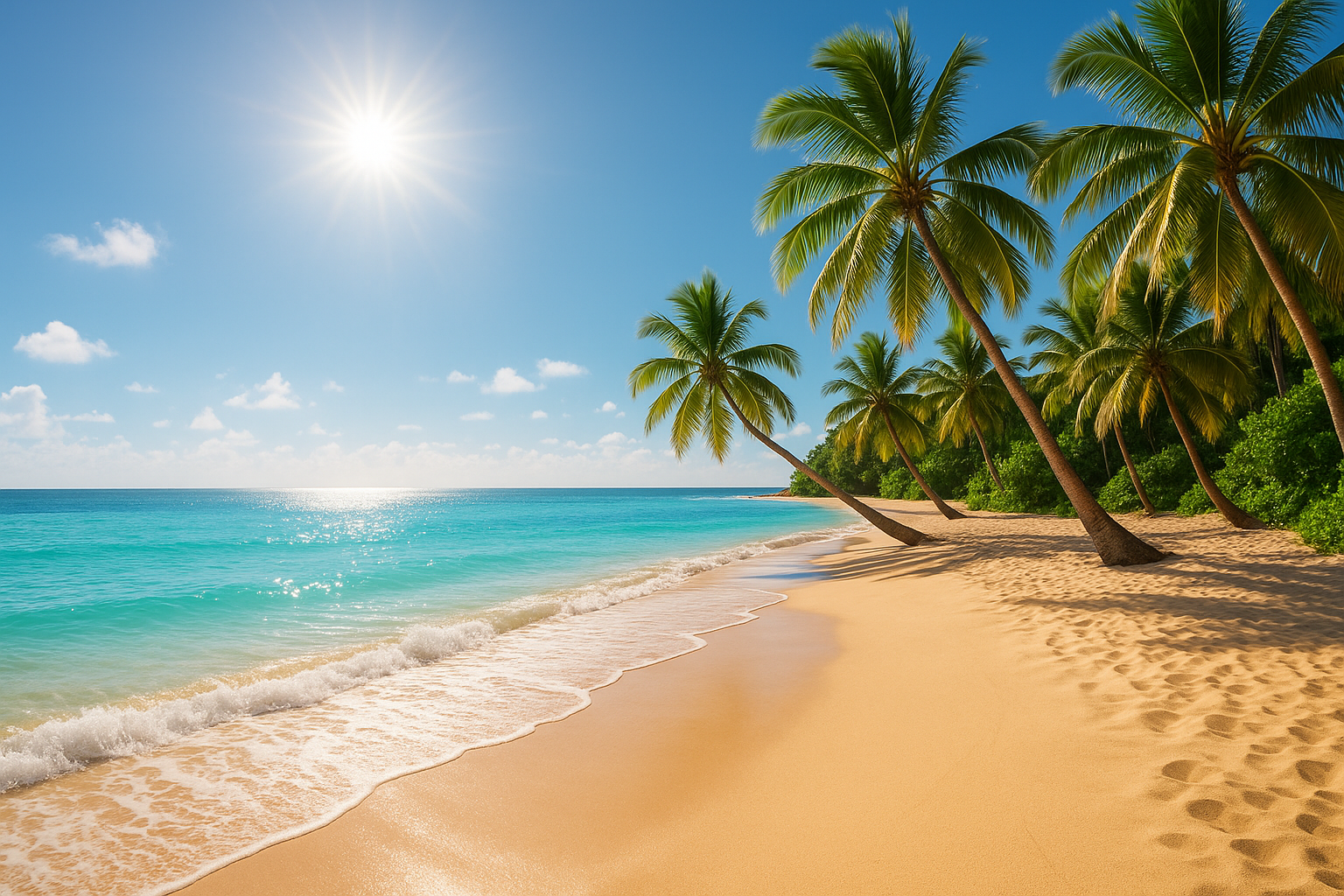 generate an image of a nice beach background with sun, sand and an ocean thats beautiful and palm trees